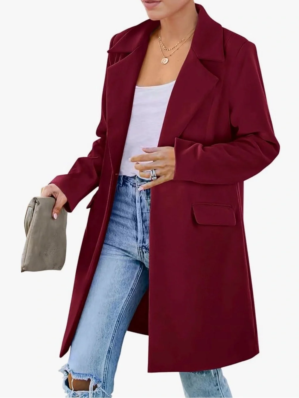 Women's Wine Long Blazer Jacket - Elegant Tailored Coat